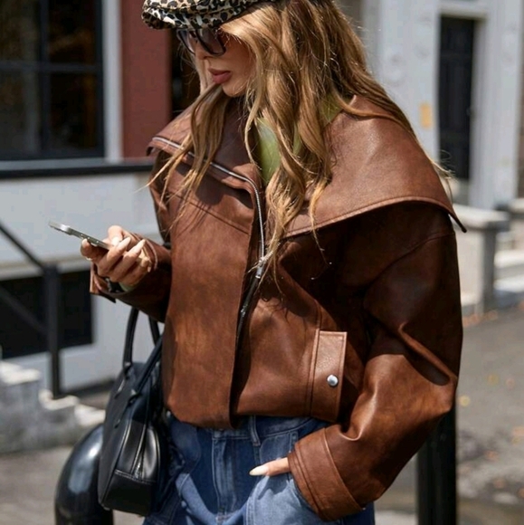 Jackets & Blazers - Trendy Distressed Rusty Brown PI Oversized Collar Metal Zip Wom